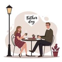 Father and daughter enjoying coffee together at outdoor cafe table under umbrella in flat style vector