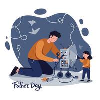 Father and son assembling a vintage robot toy in a flat design style family bonding illustration vector