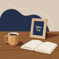 Coffee cup with steam and Father Day frame alongside open and closed notebooks on wooden table flat illustration vector