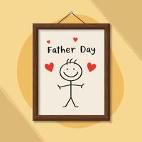Fathers Day greeting card with stick figure drawing and red hearts in flat minimal style illustration vector