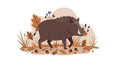 Red squirrel climbing on a tree branch with falling leaves in flat autumn nature scene illustration vector