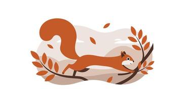 Red squirrel running across autumn branches with falling leaves in flat minimal style illustration vector