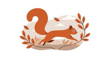 Red squirrel running energetically on tree branch with autumn leaves in flat minimal illustration vector