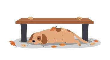 Sleeping brown and white dog resting under wooden park bench with scattered autumn leaves flat design illustration vector