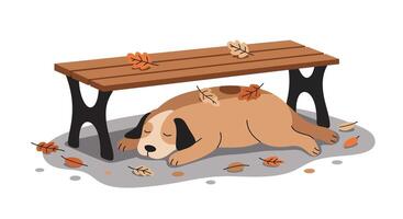 Sleeping brown dog resting under wooden bench surrounded by scattered autumn leaves flat minimal illustration vector