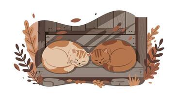 Two curled up sleeping cats with autumn leaves in minimal flat design illustration vector