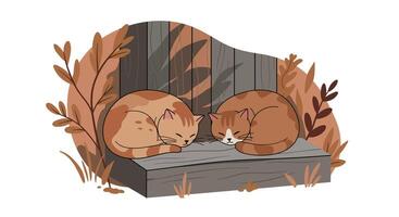 Two curled sleeping cats resting on a rustic wooden bench surrounded by autumn leaves flat design illustration vector