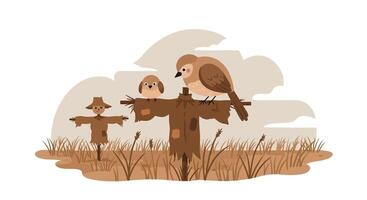 Small brown bird perched on rustic scarecrow in minimal flat style field illustration vector