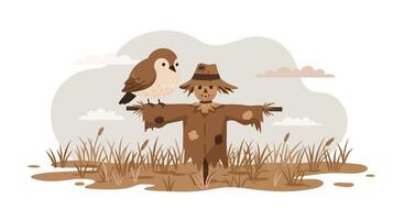 Scarecrow in rustic brown clothing standing in a grassy field with crosses and clouds minimal flat illustration vector
