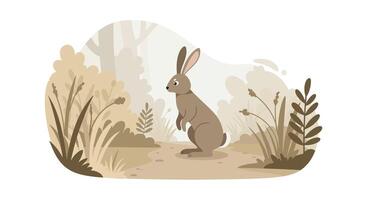 Brown rabbit standing alert in natural grass and leafy plants minimal flat design illustration vector