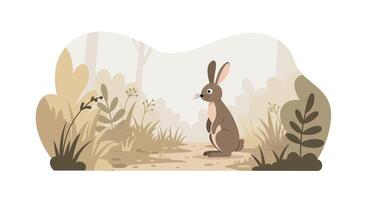 Brown rabbit sitting calmly in natural woodland with dry plants and soft muted colors in flat design illustration vector