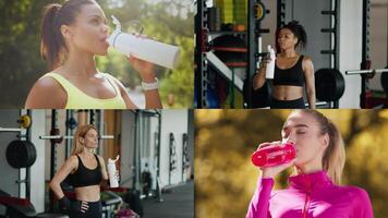 Several athletes with a range of backgrounds hydrate with water bottles while exercising in a fitness environment, promoting health and a vibrant lifestyle. video