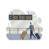 Young man walking through airport terminal pulling two suitcases under flight information board with airplane icons and neutral background vector