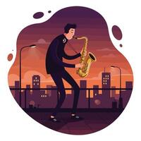 Young man playing saxophone on rooftop at sunset with city skyline and streetlights in background, creating a calm and artistic atmosphere vector