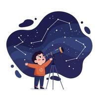 Young boy observing night sky with telescope under constellation-filled dark blue background, showing curiosity and wonder in a playful educational setting vector