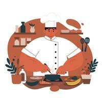 Male chef in white uniform and hat preparing food in kitchen surrounded by plants and cooking utensils with focused expression vector
