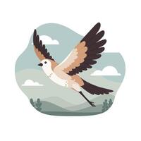 Illustration of a bird spreading its wings in flight over a soft green landscape with cloudy sky and distant hills, showcasing natural freedom and peacefulness vector