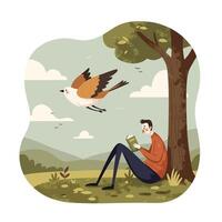 Young man wearing an orange sweater and glasses sitting under a large tree in a grassy field reading a book while birds fly nearby in a serene countryside setting vector