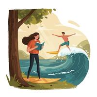 Young woman standing on a surfboard reading a book under a tree while a man surfs a large wave in the ocean nearby during a sunny day vector