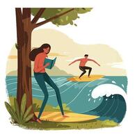 Woman reading a book while leaning against a tree near the ocean shore with a man surfing on a wave in the background during a calm day vector