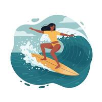 Young woman in yellow swimsuit skillfully balancing on a surfboard while riding a large blue ocean wave with dynamic splashes vector