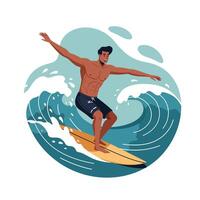 Muscular young man with dark hair surfing on a yellow surfboard riding a large ocean wave with arms outstretched for balance, displaying focus and skill in a dynamic coastal scene vector