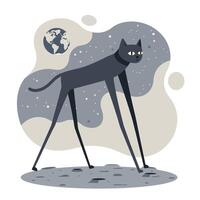 Stylized black cat with elongated legs walking on a cratered lunar surface under a starry night sky with Earth visible in the background vector