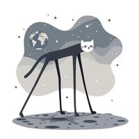 Surreal illustration of a long-legged cat with a white face walking on a cratered moon surface under a starry space sky with Earth visible in the background vector