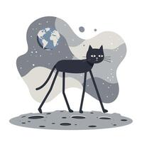 Stylized black cat with elongated legs walking on a cratered surface under a starry sky with Earth visible in the background, evoking a surreal and cosmic atmosphere vector