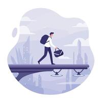Man wearing white shirt and black pants walking on a narrow bridge with a backpack and a bag in a futuristic cityscape background vector