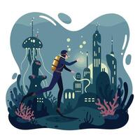 Scuba diver exploring underwater city ruins with glowing buildings and coral reefs under dark blue ocean depths, encountering a large jellyfish in mysterious aquatic environment vector