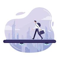 Businessman walking on futuristic floating platform with briefcase and backpack in modern cityscape with tall skyscrapers under cloudy sky vector