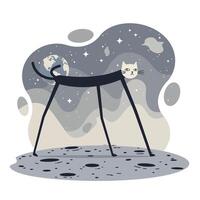 Illustration of a long-legged black cat with a white face standing on a cratered moon surface against a starry night sky with planets and cosmic clouds vector