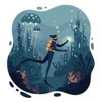 Scuba diver exploring deep ocean with glowing light near underwater coral and jellyfish in mysterious blue sea environment vector