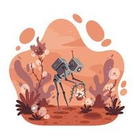 Futuristic bipedal robot carefully holding a blooming flower in an alien desert landscape with reddish soil and abstract plants, conveying curiosity and calm exploration vector