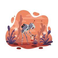Robot with long legs gently holding a small rabbit in an abstract orange and purple alien landscape with glowing plants and soft atmosphere vector