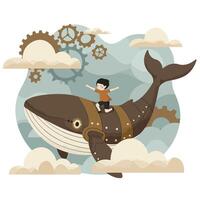 Young boy joyfully riding a large mechanical whale with steampunk gears flying through cloudy sky in imaginative fantasy scene vector