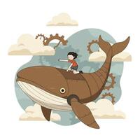 Young girl riding a large mechanical steampunk whale through cloudy sky with visible gears and cogs in background, imaginative and whimsical atmosphere vector