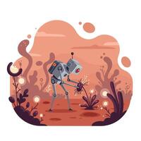 Small gray robot with red eye examining alien creature in surreal orange landscape with strange plants and glowing orbs, futuristic exploration scene with mysterious atmosphere vector