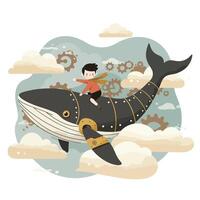 Young boy riding a large mechanical whale through a cloudy sky with floating gears and steampunk elements in a whimsical fantasy scene vector