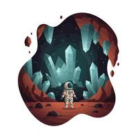 Astronaut exploring large crystalline cave on rocky extraterrestrial planet with glowing blue crystals and starry night sky in background vector