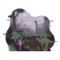 Young person observing various large green dinosaurs in a dense prehistoric forest with tall trees and misty atmosphere during daytime vector