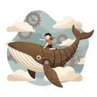 Young child riding a large brown mechanical whale with gear details flying through cloudy sky with floating clock gears vector