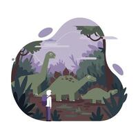 A person with a backpack observing a group of three green dinosaurs in a dense prehistoric forest setting with tall trees and bushes under a cloudy purple sky vector