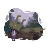 A person with a backpack observing two large long-necked dinosaurs and other prehistoric creatures in a dense jungle setting under a cloudy sky, evoking curiosity and wonder vector