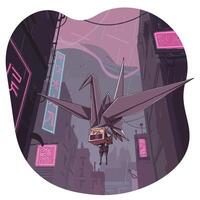A giant mechanical origami crane flying through a neon-lit futuristic cityscape at dusk with tall buildings and glowing signs in a rainy, moody atmosphere vector