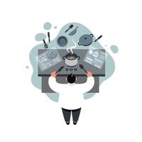 Overhead view of a chef cooking soup on stove surrounded by kitchen utensils and recipe instructions in a modern kitchen setting vector