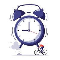 Illustration of a man riding a bicycle beneath a large ringing alarm clock symbolizing urgency and time pressure in a minimalist setting vector