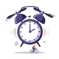 Illustration of a large vintage alarm clock ringing loudly above a man riding a bicycle below, symbolizing urgency and time pressure in an everyday setting vector