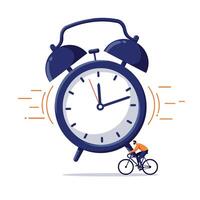 Man riding a bicycle beside a large blue alarm clock with ringing bells, symbolizing urgency and time management in a minimalist white background vector